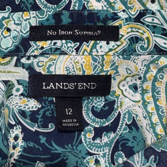 Lands' End Shirt Blouse 12 / L No Iron Supima Cotton Paisley Blue 3/4 Sleeves - Picture 6 of 8